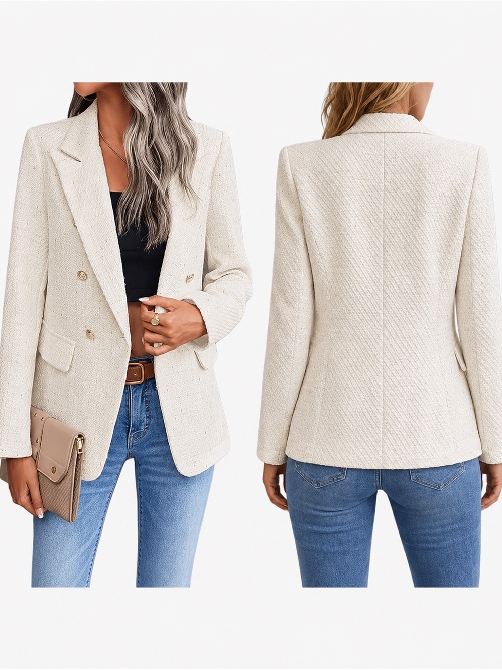 Mina Self L Ivory Tweed Double Breasted Blazer Gold Metallic Old Money